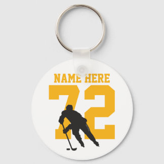 Personalized Hockey Player Name Number black gold Keychain
