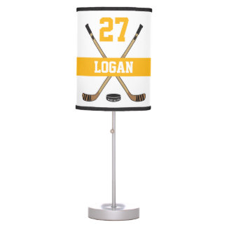 Personalized Hockey Player Name Number Black Gold Table Lamp