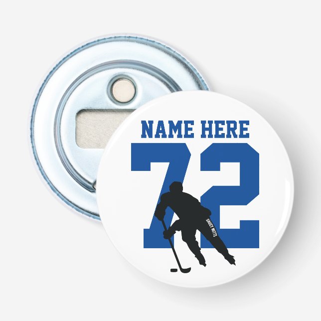 Personalized Hockey Player Name Number Blue Bottle Opener (Front)