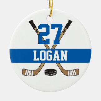 Personalized Hockey Player Name Number Blue Ceramic Ornament