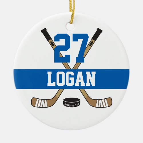 Personalized Hockey Player Name Number Blue Ceramic Ornament