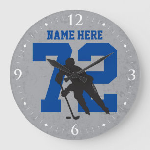Personalized Hockey Player Name Number Blue Gray Large Clock