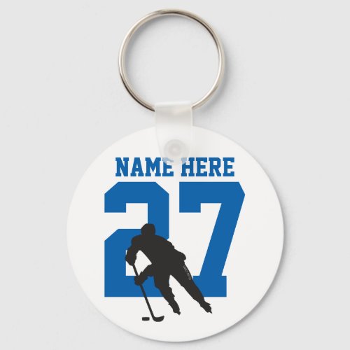 Personalized Hockey Player Name Number blue Keychain
