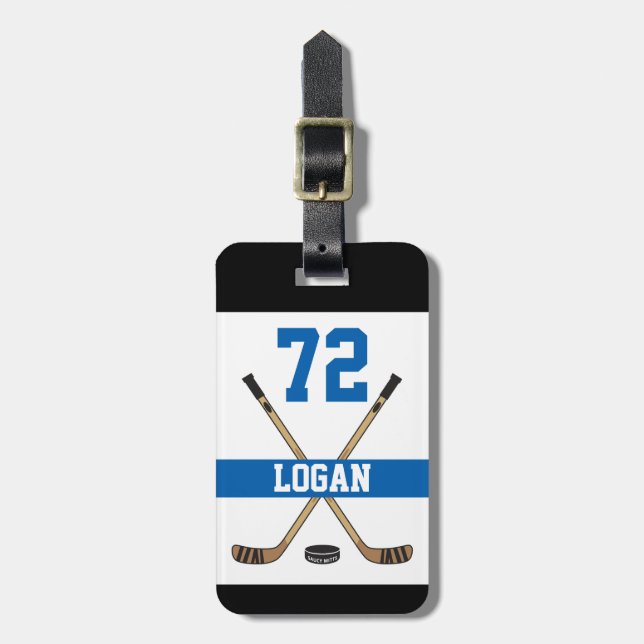Personalized Hockey Player Name Number Blue Luggage Tag (Front Vertical)