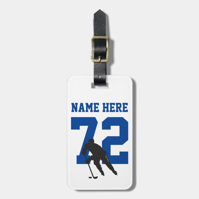 Personalized Hockey Player Name Number Blue Luggage Tag (Front Vertical)