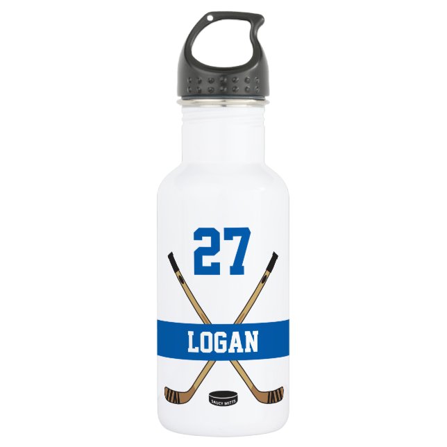Personalized Hockey Player Name Number Blue Stainless Steel Water Bottle (Front)