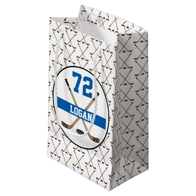 Personalized Hockey Player Name Number Blue Sticks Small Gift Bag (Front Angled)
