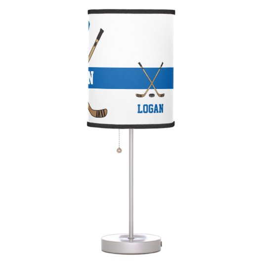 Personalized Hockey Player Name Number Blue Table Lamp (Right)