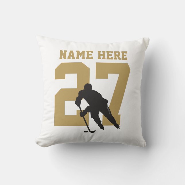 Personalized Hockey Player Name Number Golden Throw Pillow (Front)