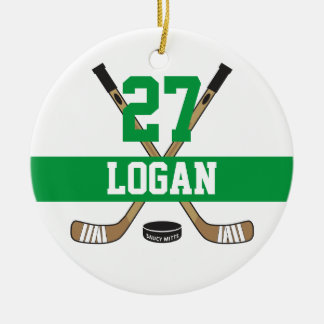 Personalized Hockey Player Name Number Green Ceramic Ornament