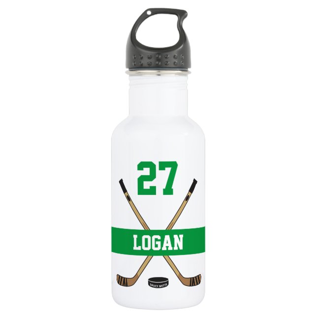 Personalized Hockey Player Name Number Green Stainless Steel Water Bottle (Front)