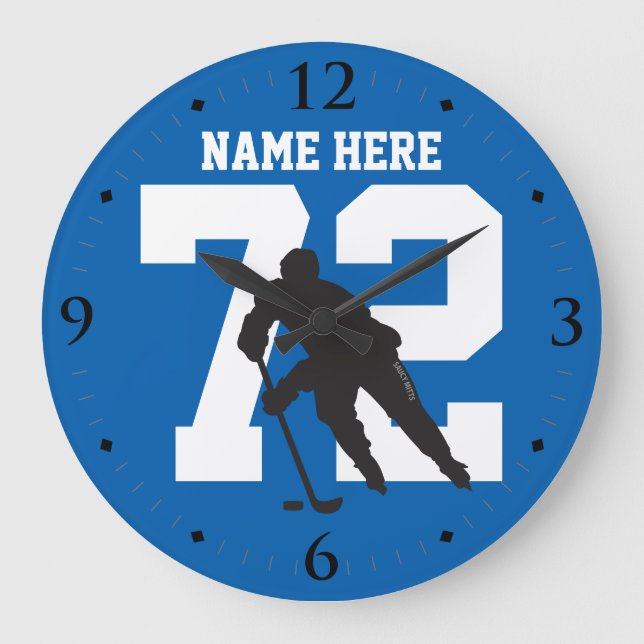Personalized Hockey Player Name Number on Blue Large Clock (Front)