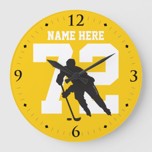 Personalized Hockey Player Name Number on Yellow Large Clock