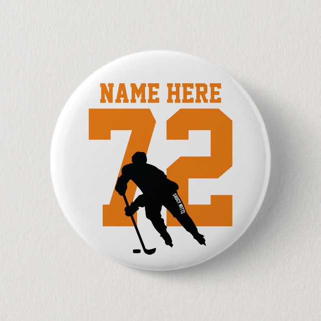 Personalized Hockey Player Name Number Orange Button (Front)