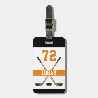 Personalized Hockey Player Name Number Orange Luggage Tag