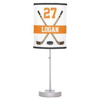 Personalized Hockey Player Name Number Orange Table Lamp