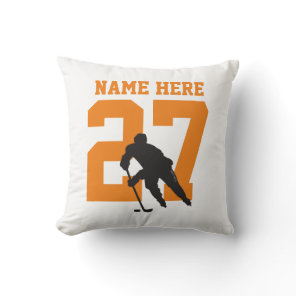 Personalized Hockey Player Name Number Orange Throw Pillow