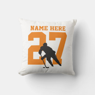 Personalized Hockey Player Name Number Orange Throw Pillow
