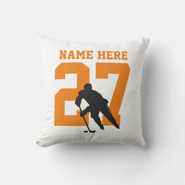 Personalized Hockey Player Name Number Orange Throw Pillow (Front)