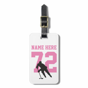 Personalized Hockey Player Name Number Pink Girls Luggage Tag