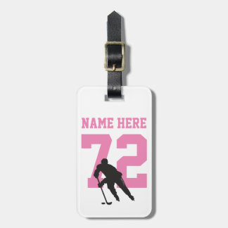 Personalized Hockey Player Name Number Pink Girls Luggage Tag