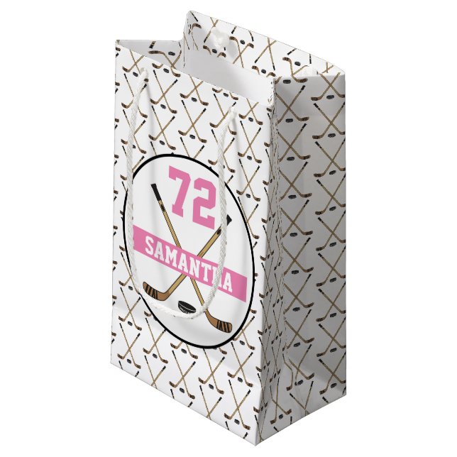 Personalized Hockey Player Name Number Pink Girls Small Gift Bag (Front Angled)