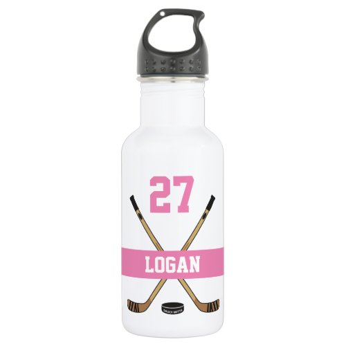 Personalized Hockey Player Name Number Pink Girls Stainless Steel Water Bottle