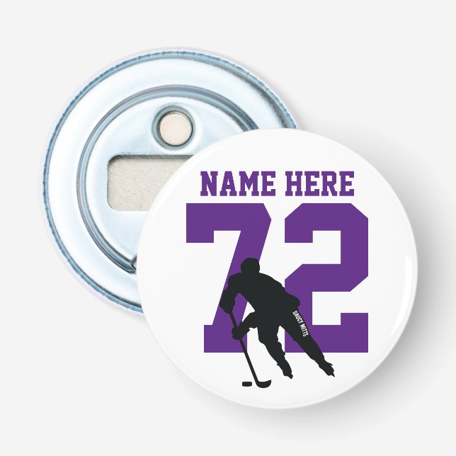 Personalized Hockey Player Name Number Purple Bottle Opener (Front)