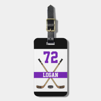 Personalized Hockey Player Name Number Purple Luggage Tag