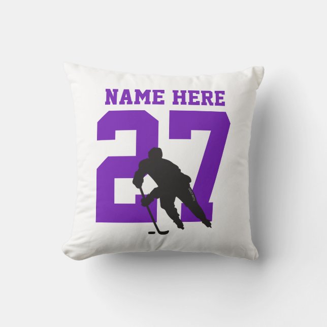 Personalized Hockey Player Name Number Purple Throw Pillow (Front)