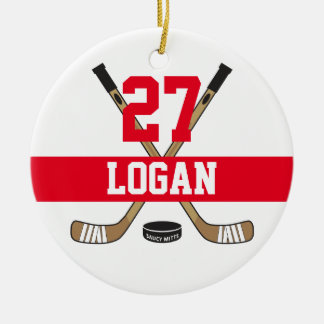 Personalized Hockey Player Name Number Red Ceramic Ornament