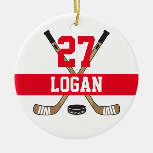 Personalized Hockey Player Name Number Red Ceramic Ornament