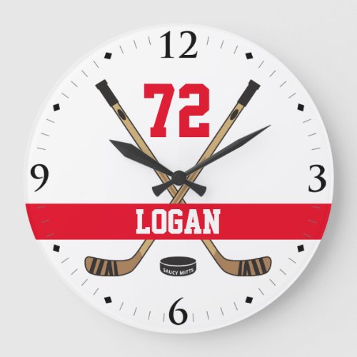 Personalized Hockey Player Name Number Red Large Clock