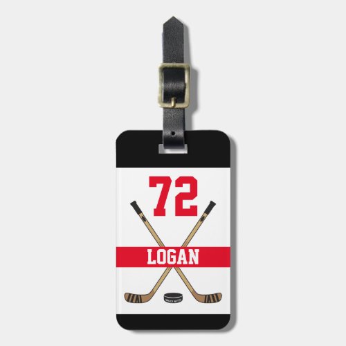 Personalized Hockey Player Name Number Red Luggage Tag