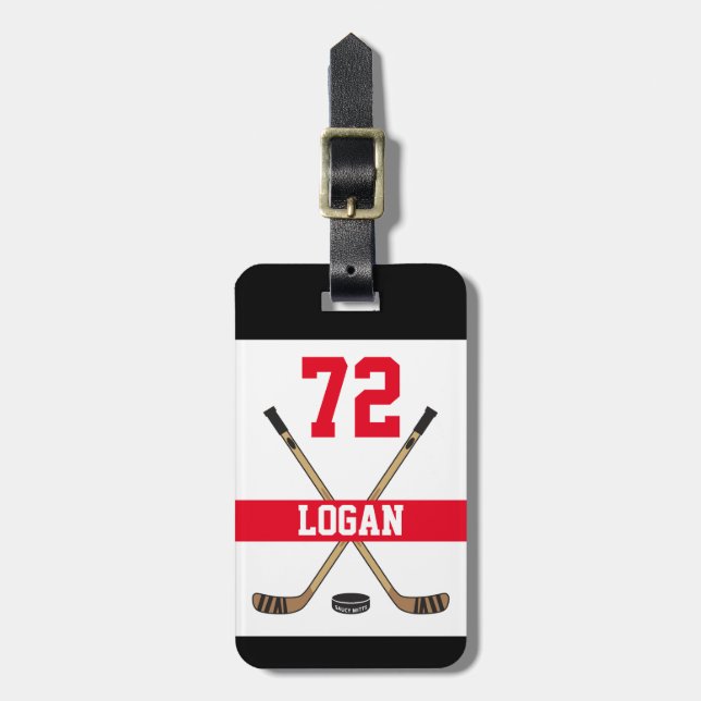 Personalized Hockey Player Name Number Red Luggage Tag (Front Vertical)