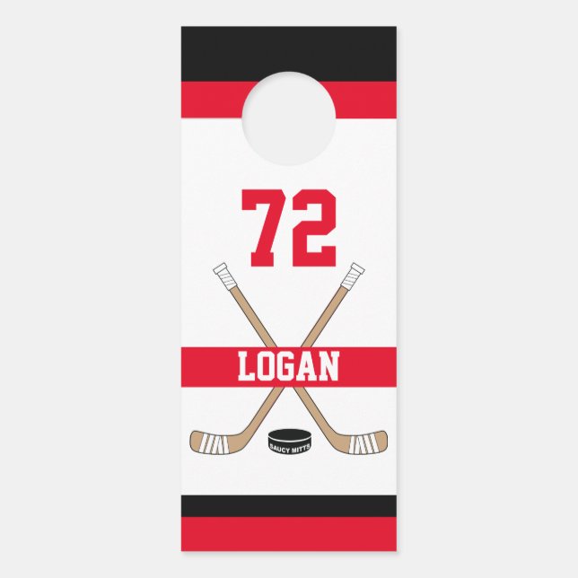 Personalized Hockey Player Name Number Red Room Door Hanger (Front)