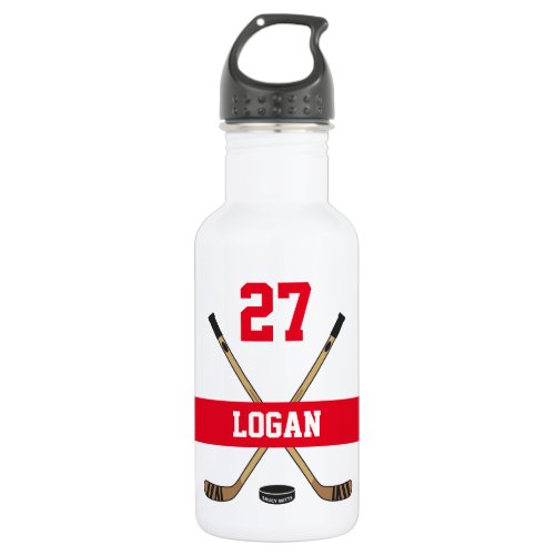 Personalized Hockey Player Name Number Red Stainless Steel Water Bottle