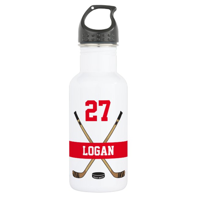 Personalized Hockey Player Name Number Red Stainless Steel Water Bottle (Front)