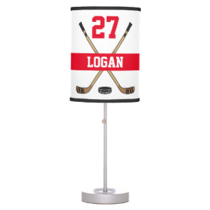 Personalized Hockey Player Name Number Red Table Lamp