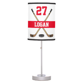 Personalized Hockey Player Name Number Red Table Lamp