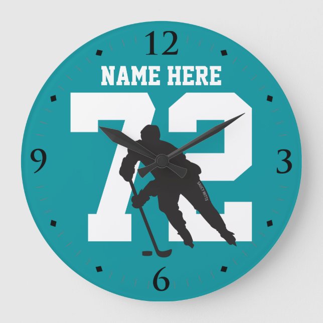 Personalized Hockey Player Name Number Shark Teal Large Clock (Front)