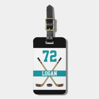 Personalized Hockey Player Name Number Teal Blue Luggage Tag