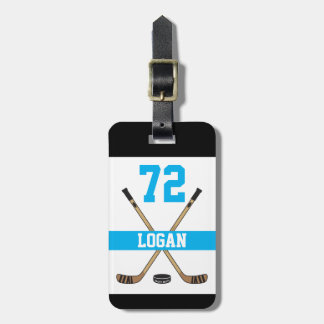 Personalized Hockey Player Name Number Turquoise Luggage Tag