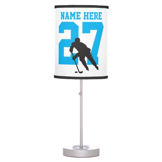 Personalized Hockey Player Name Number Turquoise Table Lamp (Front)