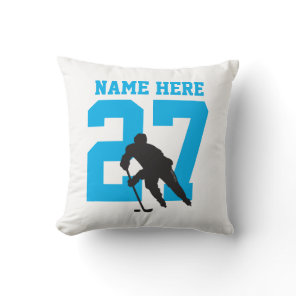 Personalized Hockey Player Name Number Turquoise Throw Pillow
