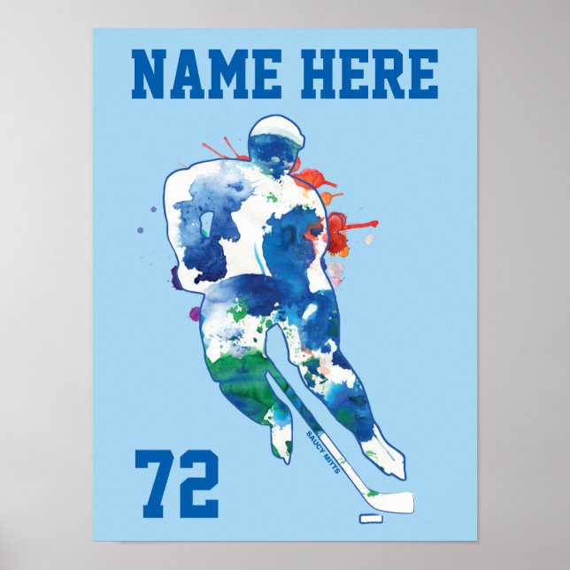 Personalized Hockey Player Name Number Watercolor Poster (Front)