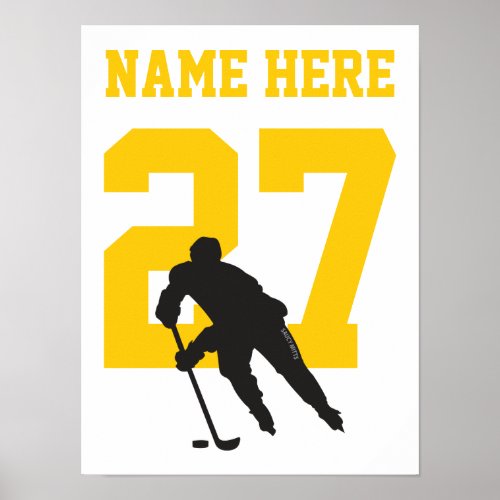 Personalized Hockey Player Number Black and Gold Poster
