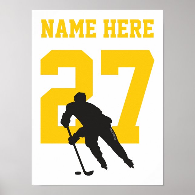 Personalized Hockey Player Number Black and Gold Poster (Front)