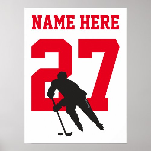 Personalized Hockey Player Number Red Poster