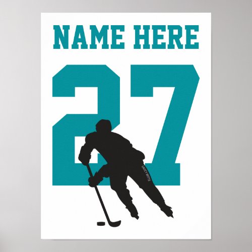 Personalized Hockey Player Number Teal Poster